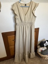 SHEIN Beige Solid Smocked Ruffle V-Neck Maxi Dress Women's XL Regular