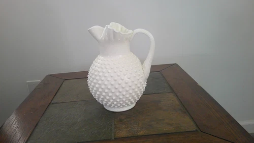 Vintage Fenton Hobnail  Milk Glass Pitcher w/ Ice Lip & Ruffled Rim 9 1/2" Tall