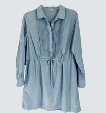 J. Crew Blue Cotton Button-Front Tunic Dress With Drawstring Waist & Pintuck Det