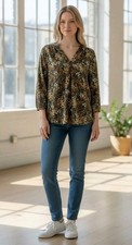 Adrienne Vittadini Womens Floral Top Sz XL Blouse Gold Buttons BoHo Casual