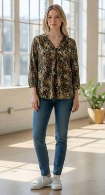 Adrienne Vittadini Womens Floral Top Sz XL  Blouse Gold Buttons BoHo Casual 