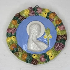 Della Robbia Virgin Mary Madonna w/ Lily 6” Diameter Circular Ceramic Wall Art