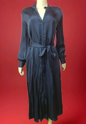 H&M Navy Blue Satin Women's Size 8 Midi Belted Dress Buttons Up W/Pockets NWT #C