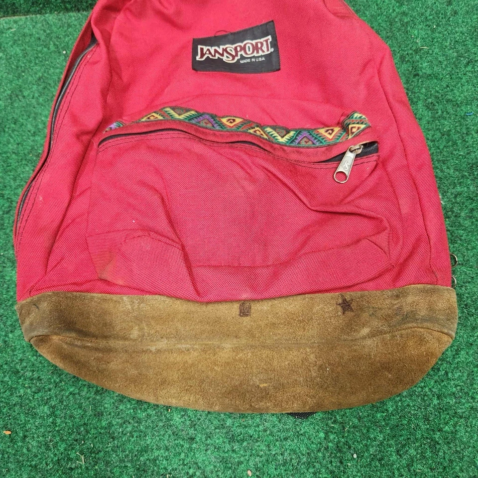 Mochila de día vintage años 90 Jansport Azteca Suroeste parte inferior de cuero gamuza roja Foto 3 de 4