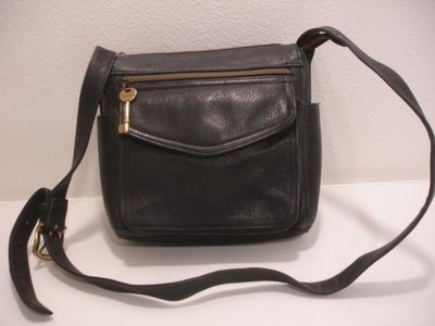 Vtg Fossil Black Leather Crossbody Shoulder Strap Purse Tote Bag 75082 with Key