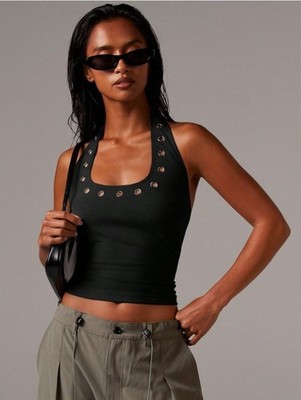 Women's Stretchy Fitted Halter Crop Top With Stud Details Black Size M