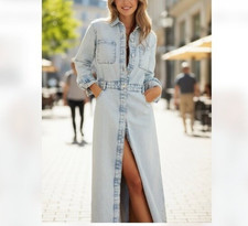 Abito midi denim Zara Z1975 nuovo senza etichette Bloggers Fave blu piccole tasche