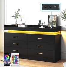 6 Drawer Dresser with LED Light Charger Bank Modern Chest of Drawers Wide Drawer