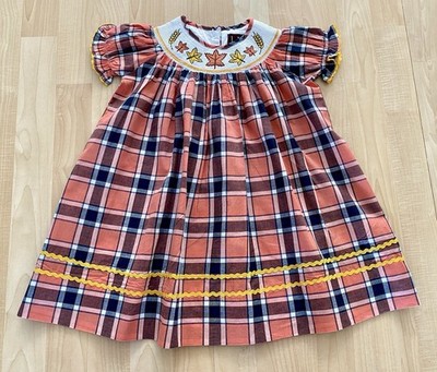 Lil Cactus Girls 2T Fall Plaid Smocked Autumn Leaves Dress NWOT Thanksgiving