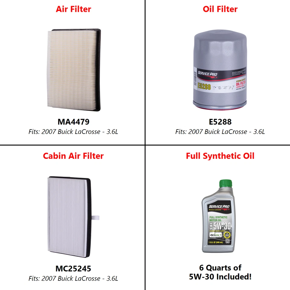 Fits: 2007 Buick LaCrosse 3.6L Complete Air, Oil & Cabin Filter Kit (5W-30) Foto 2 de 4