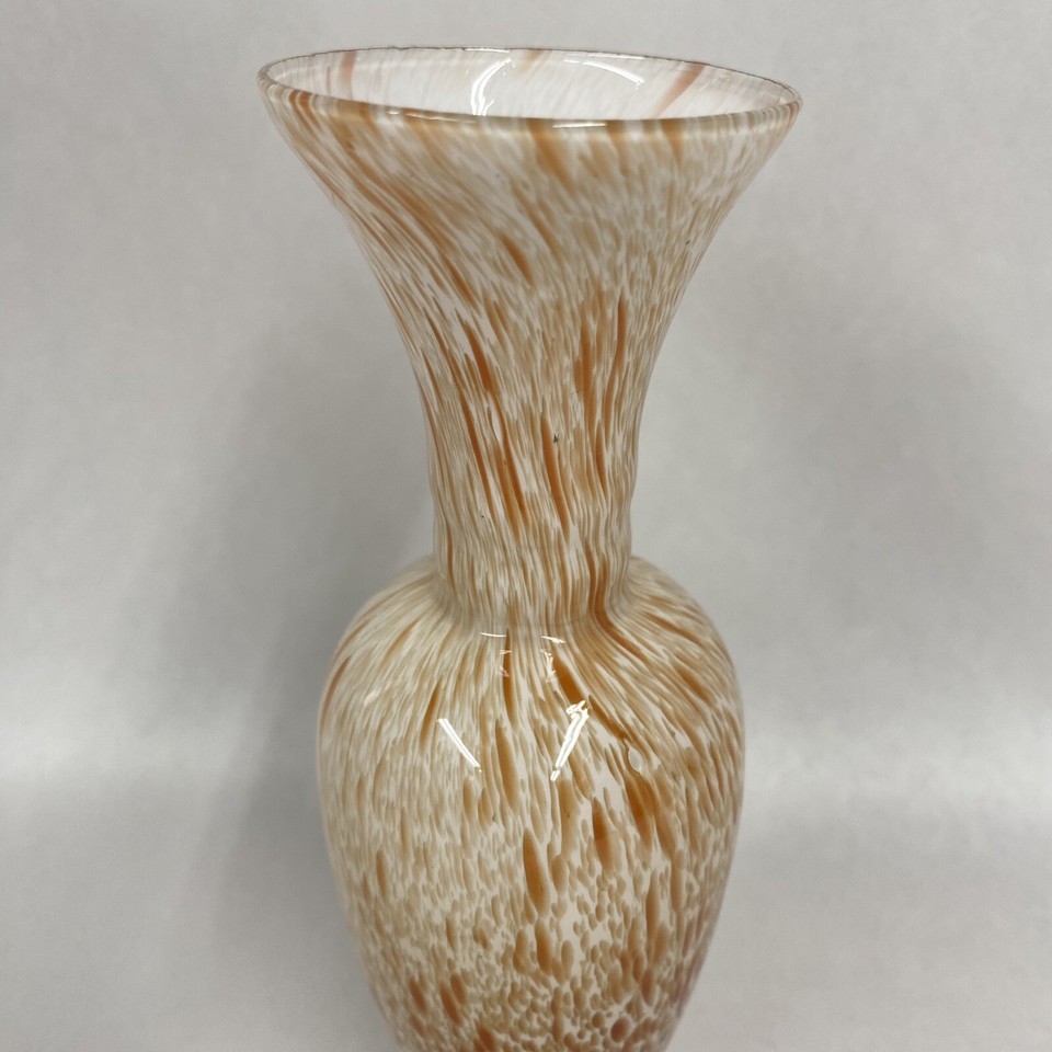 Art Glass Vase Orange White Confetti Splatter Swirl MCM 8” Handcrafted