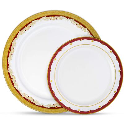32-pc Disposable Plastic Thanksgiving Dinnerware Set with Burgundy Rim & Gold...