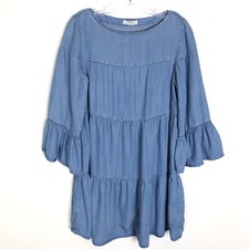 Zara Womens Blue Chambray Shift Dress Layered Tiered Bell Sleeve Size XS Soft 
