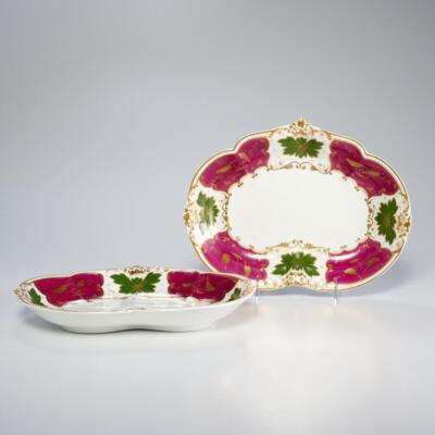 Robert Bloor Derby Heart Shape Bowls Purple Green Gilt Birds Ivy Pair of 2