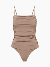 Aritzia Babaton Contour Taupe Spaghetti Strap Square Neck Ruched Bodysuit Sz XL