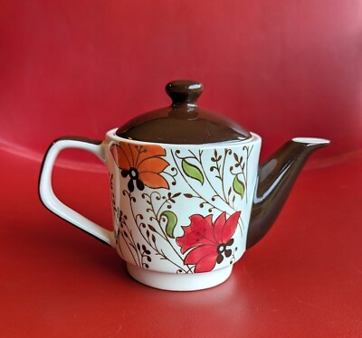 Hues N Brews HuesNbrews Tea Pot BROWN White Green Leaves Orange RED FLOWERS 