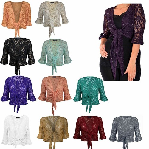 Womens Ladies Plussize Floral Lace Sequin 3/4sleeve Tie Up Shrug Bolero Tops - Picture 1 of 15