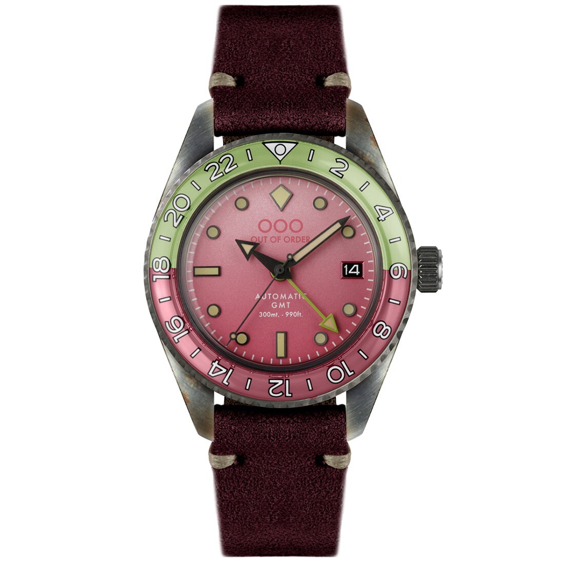 Out Of Order After 8 Automatic GMT – Orologio Uomo Invecchiato, Acciaio Nero/verde, Pelle