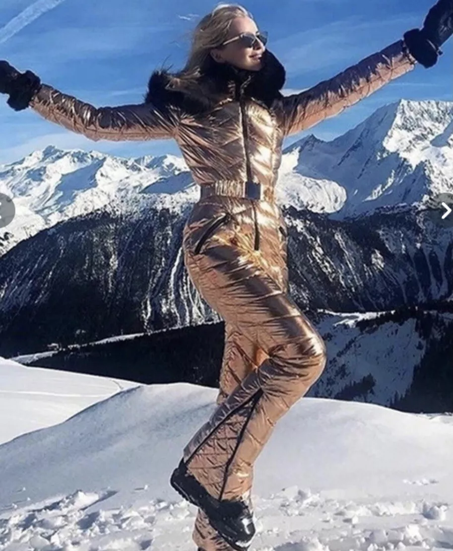 Womens Fashion Shiny Gold One Piece Jumpsuit Ski Suit with Fur Hood Size  Medium