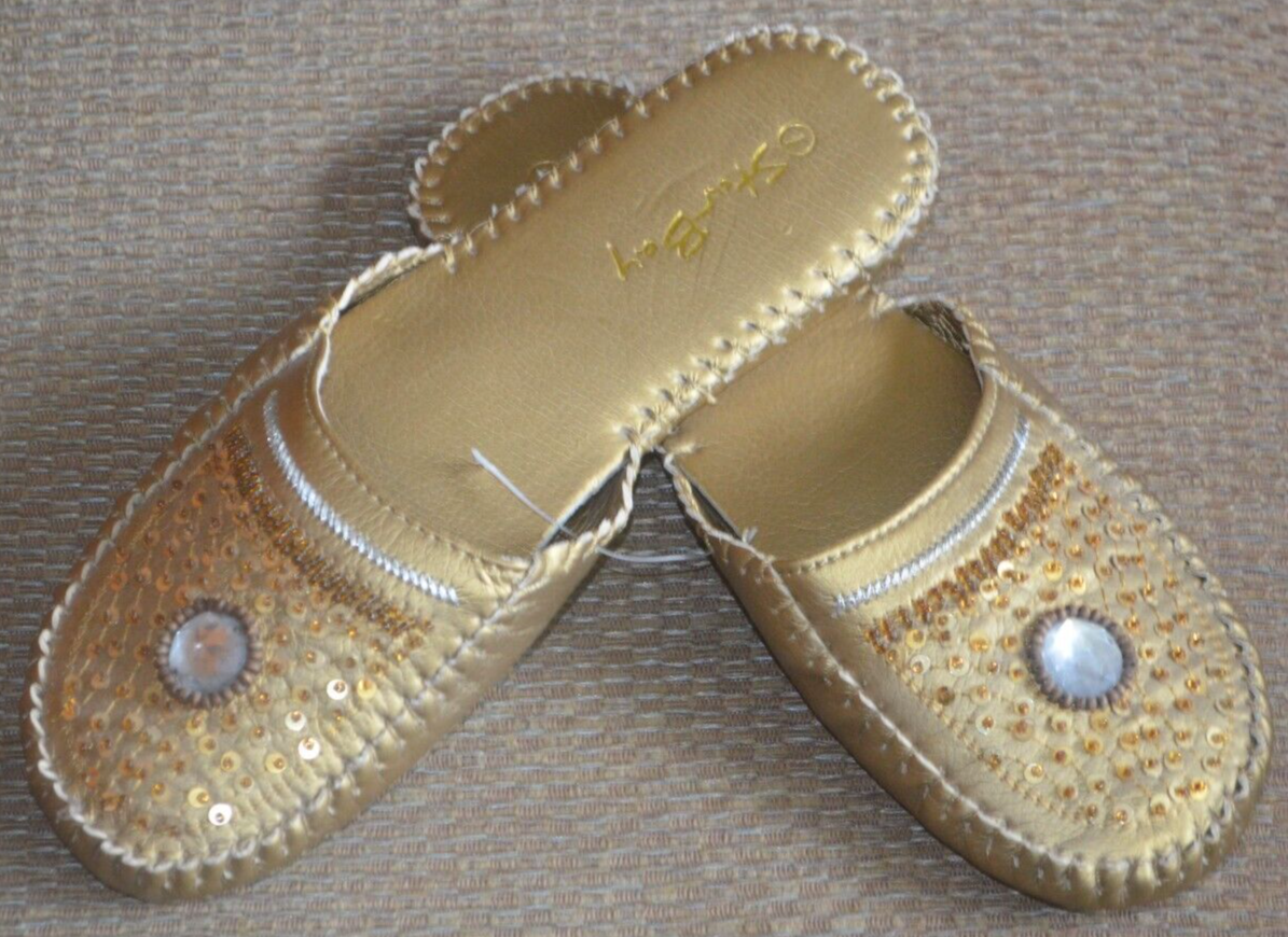 PANTOFOLA D’ORO StarBay Pantofole Slides Perline Gioiellate Oro Lucido Champagne Ecopelle Tg 7