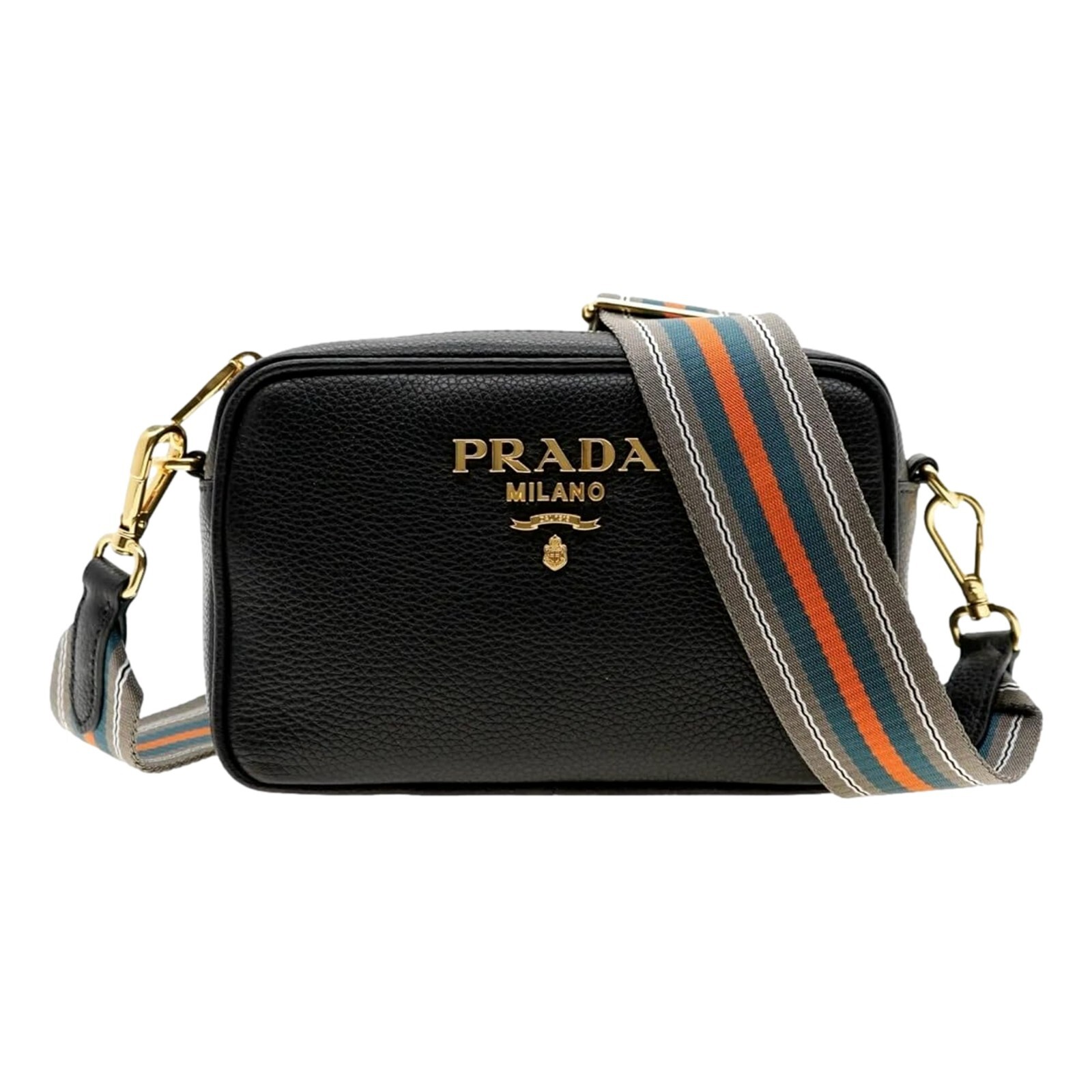 Prada Milano Vitello Phenix Nero Leather Crossbody Bag Web Stripe Strap NEW