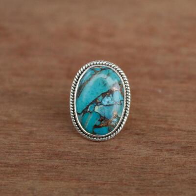 925 Sterling Silver Oval Blue Copper Turquoise Handmade 100 % GENUINE Ring