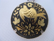 Vintage Damascene Gold Tone Inlay Bird And Flower Scene Round Pendant. From 1978