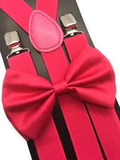 Hot Pink Clip on Bow-Tie & Suspender Set Tuxedo Wedding Formal Prom (USA Seller)