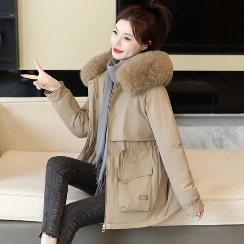 Winter Womens Parka Hooded Fleece Padded Warm Coat Ladies Fur Quilted Outwear - Bild 7 von 15
