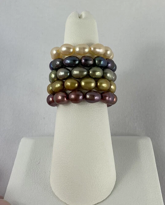 Juego de anillos de perlas cultivadas, 5 anillos púrpura, azul, verde, dorado, crema talla 8-9 Foto 4 de 4