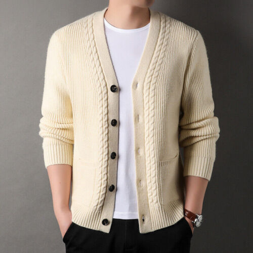 Cardigan uomo manica lunga scollo V invernale ritorto cappotto outwear maglia maglione giacca - Foto 1 di 19