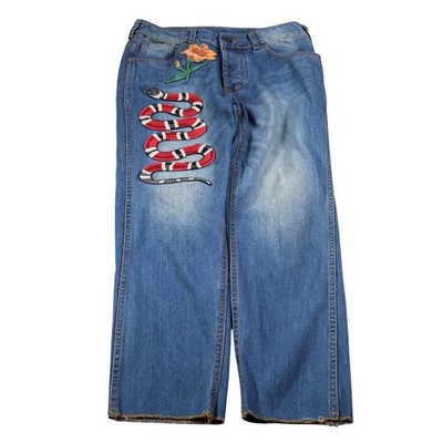 Gucci Snake Flower Embroidered Straight Leg Jeans Medium Wash Blue Denim Womens