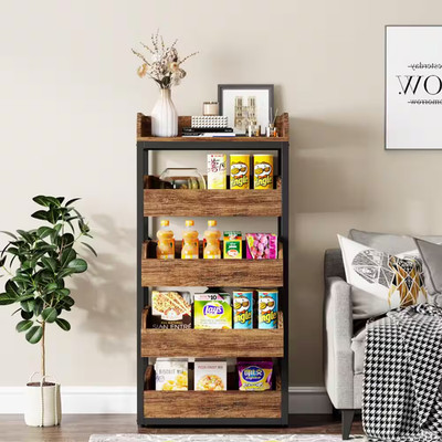 Bachel Rustic Brown Wood 24 In. Pantry Cabinet with Pull-Out Snack Stand