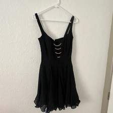 Karen Okada pour David Howard Black Fit & Flare Mini Dress Gold Rings Size 10