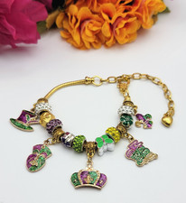 Mardi Gras Multicolor Enamel Charm Bracelet Gold Tone Adjustable 10"