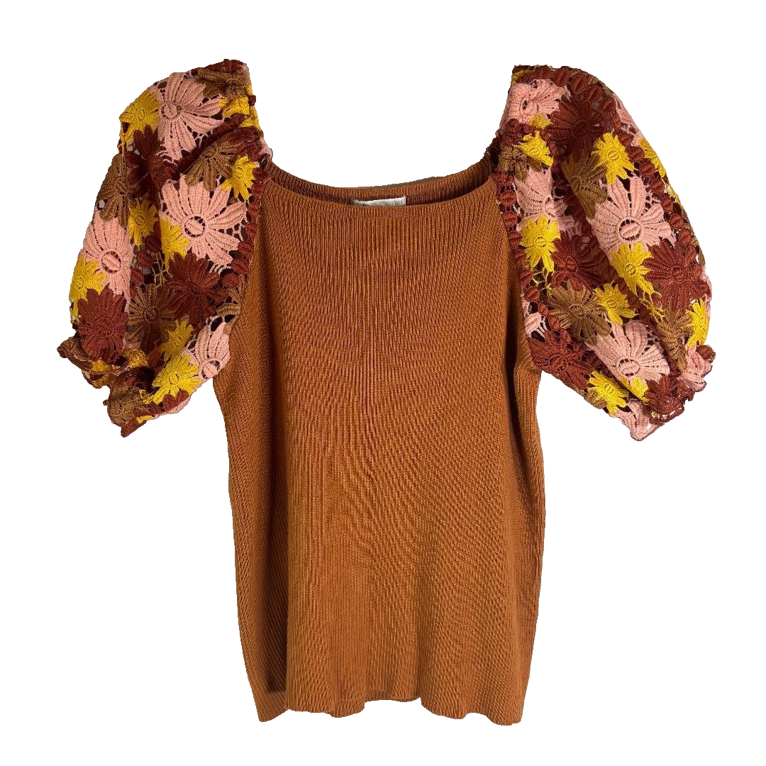 Boho Cato Sweater Top Size L Brown with Embroidered Crochet Flower Sleeves