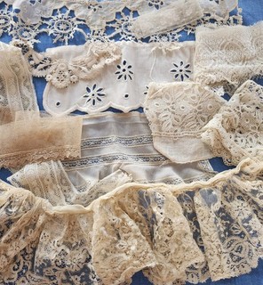 Vintage Antique Lace Remants Cotton Trims Flounce Needle Net Floral