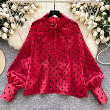 Camisa Blusa Mujer Camiseta Roja Transparente Con Lunares Suave Satén 35145