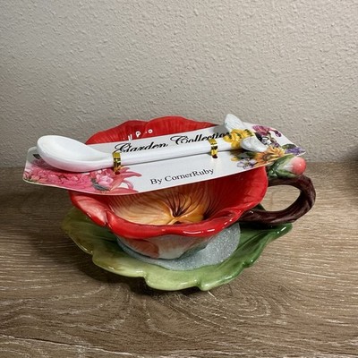 Corner Ruby Botanical Collection Tea Cup Leaf Saucer Butterfly Spoon 3 Pc Set