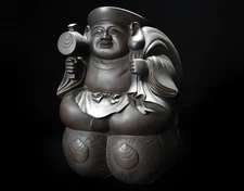 Japanese Antique Daikokuten the Buddhist Deva  Bronze Statue by Kabuki Shumei