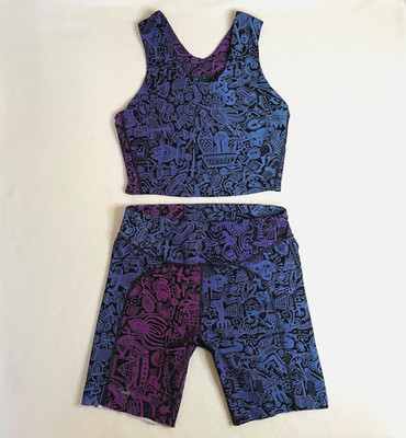 Janji Size M Java Batik Purple Long Line Sports Bra & Groundwork Pace 7'' Shorts