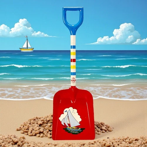 VTG Ohio Art Metal Tin Litho Sand Beach Child's Shovel Sail Boat Stripes 12"