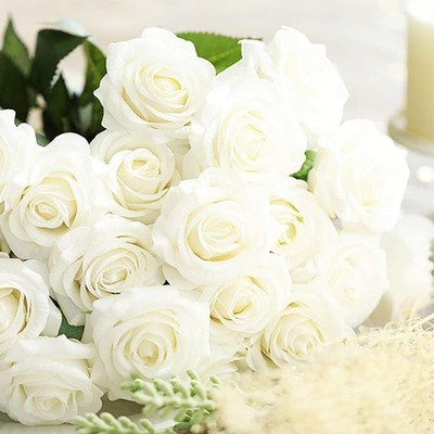 Amzali Artificial Flowers, Real Looking Blush Fake Rose Long Stem Silk White