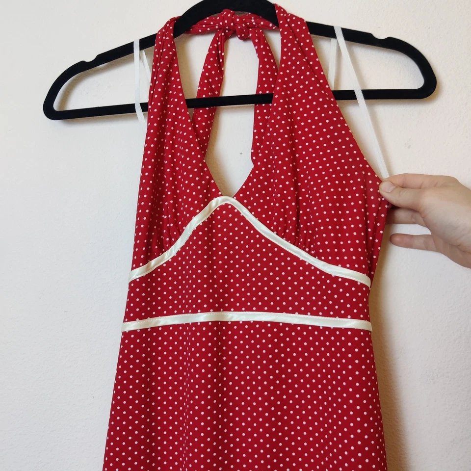 Vtg City Triangles Red Polka Dot Halter Neck High Low Dress Medium Retro Pinup - Image 3 of 4