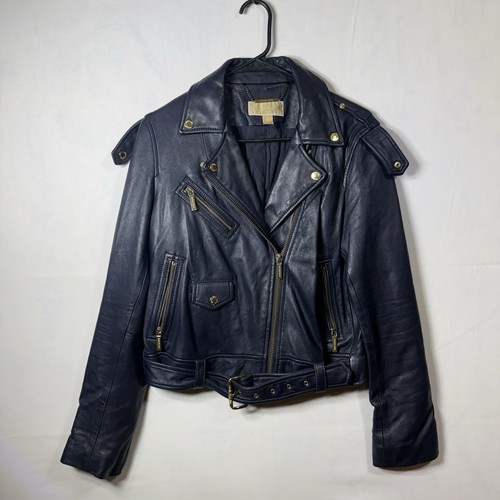 Michael Kors Womens Large Navy Blue Leather Moto Jacket Belted Gold Hardware