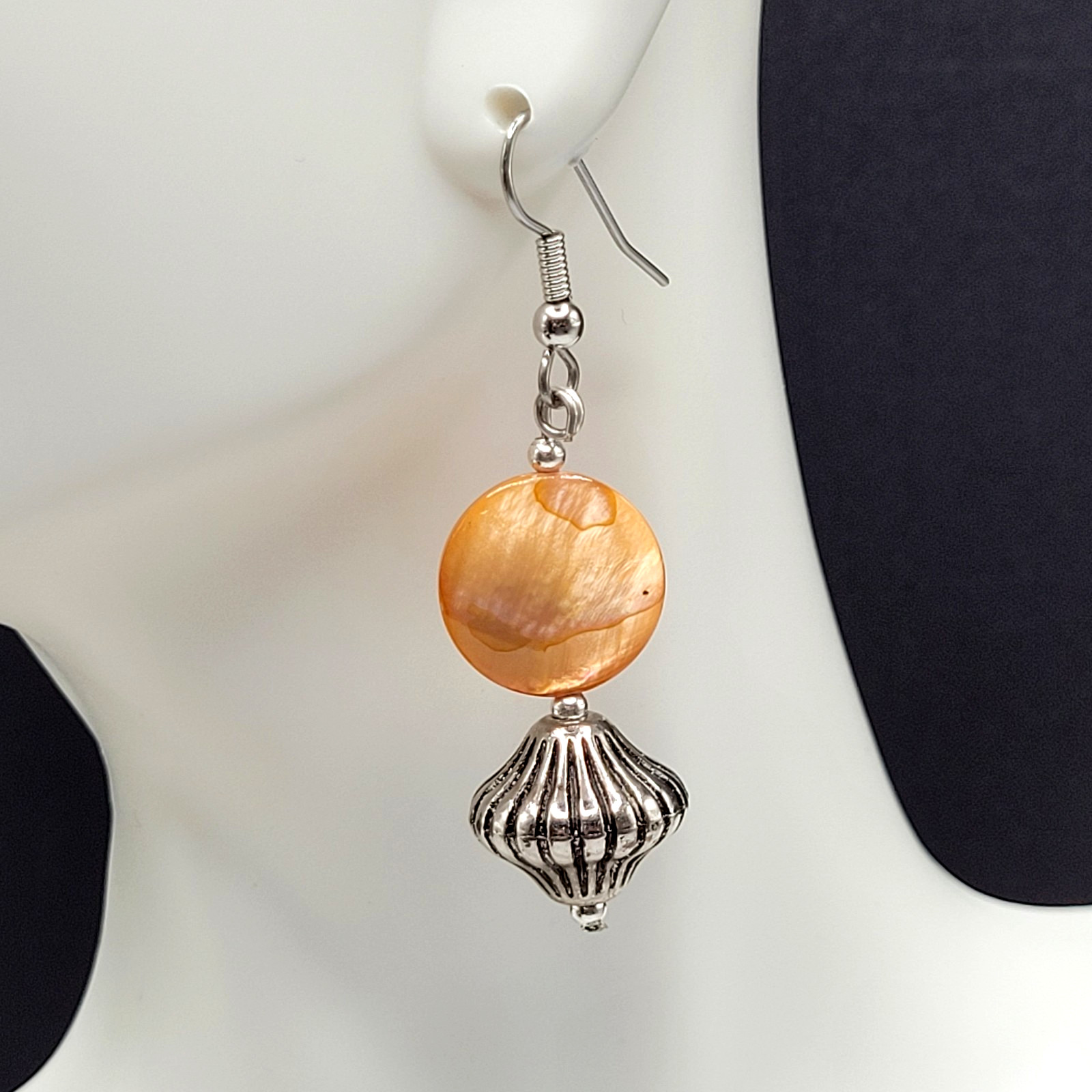 Orange Abalone Shell MOP Round Disc Silver Tone S… - image 5