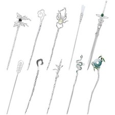 10 Pack Silver Metal Hair Sticks Chopsticks Hair Pins Chinese Asian Hanfu