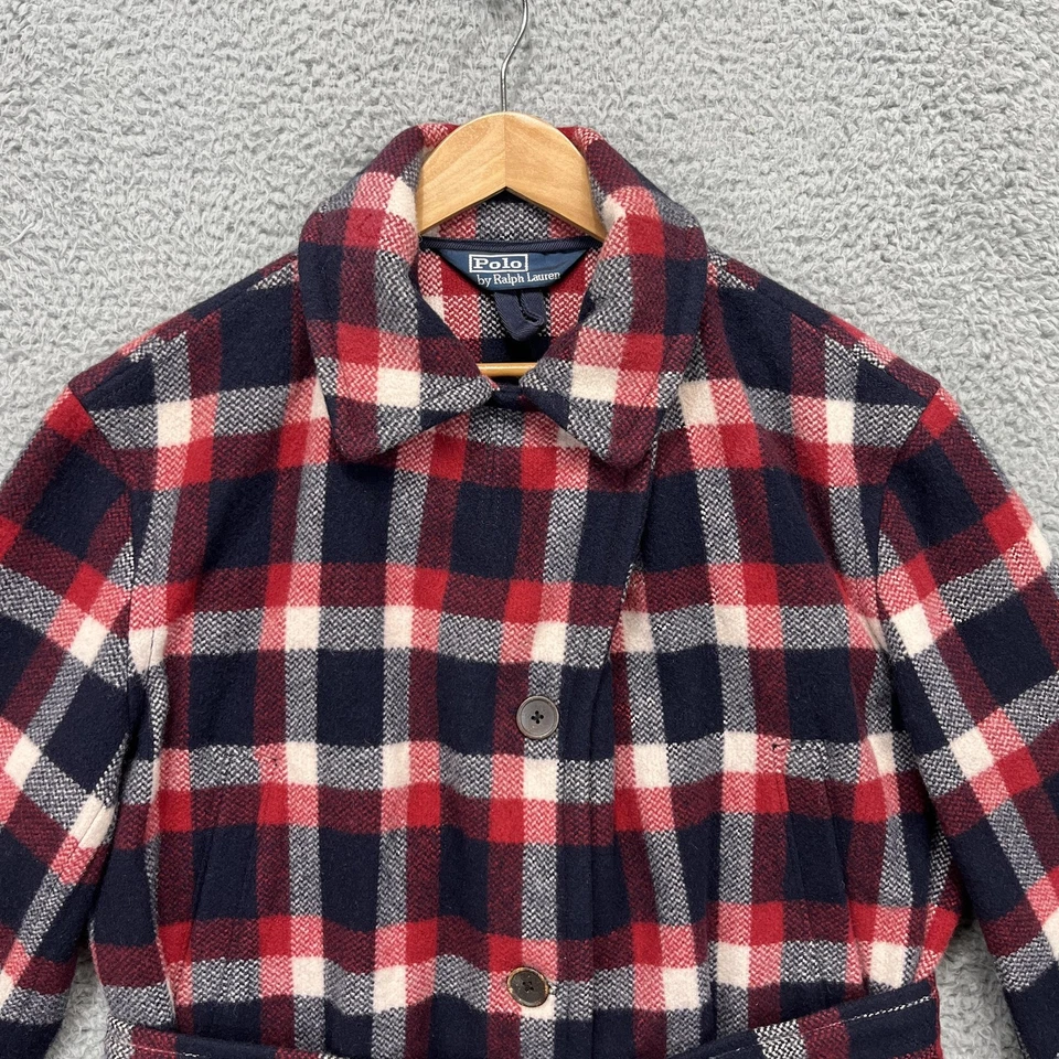 Chaqueta Polo Ralph Lauren Mujer Mediana Roja Azul Marino Cuadros Cinturón Abrigo de Campo Muestra Foto 2 de 4