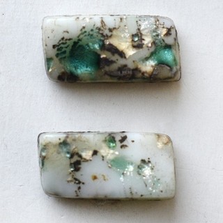 Pair Antique Rectangle Shaped Leo Popper Glass Buttons 9/16”