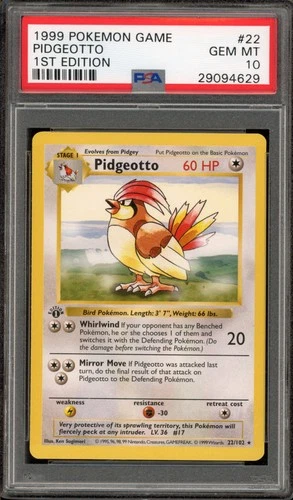 Pokemon Pidgeotto Base Set Shadowless 1st Edition Rare #22 PSA 10 Gem Mint